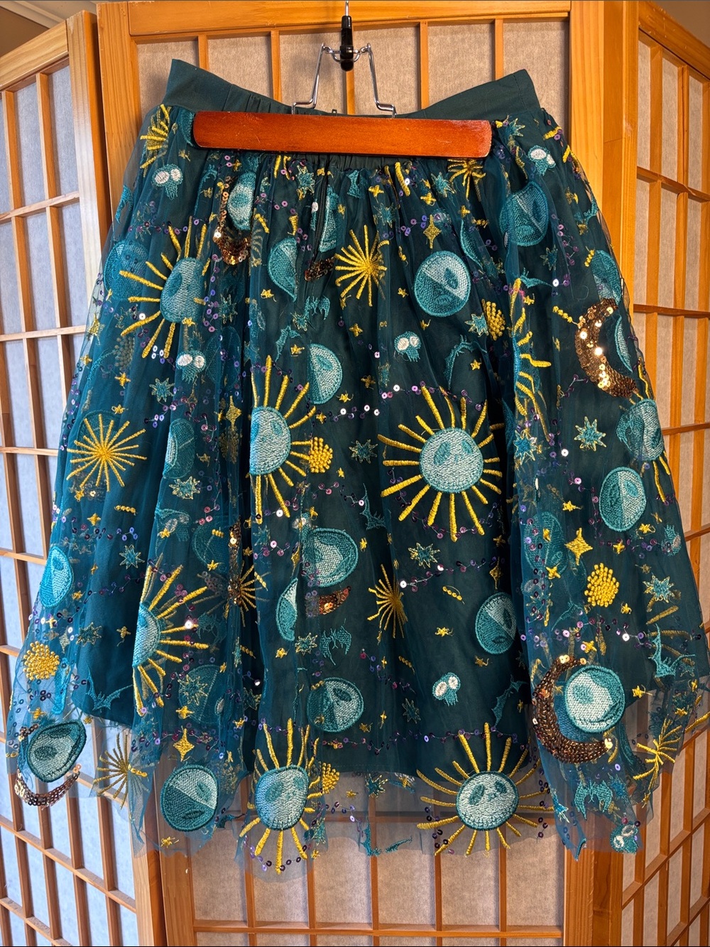Embroidered Nightmare Before Christmas Teal Tulle Skirt with Sun & Moon Motif - Picture 4 of 5